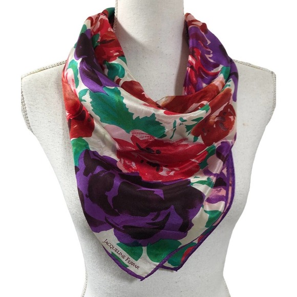 vintage Jacqueline Ferrar rose flower print square scarf silk 30" x 30" Japan - Picture 3 of 9